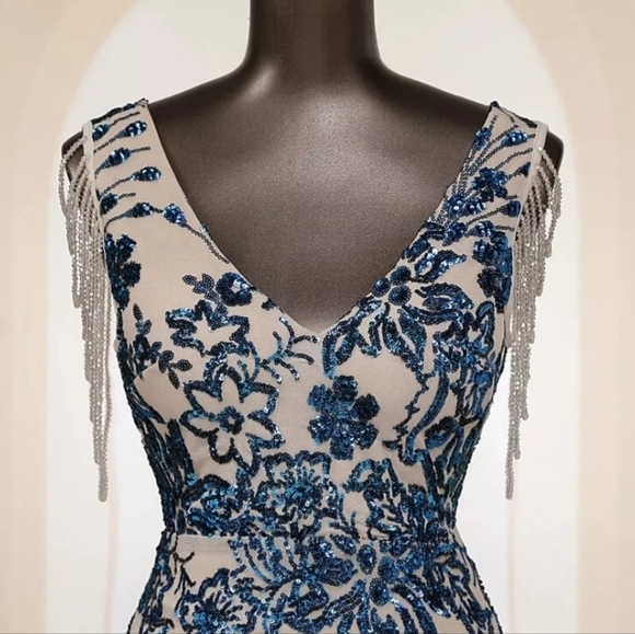 Blue, Floral Print, V Neck,  Beaded Draped Sleeves,  Sequined Mermaid Go… - Picture 11 of 12